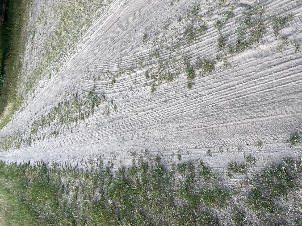 Ein unbefestigter, sandiger Weg, an dessen Rändern und in dessen Mitte etwas Gras wächst. Der Weg ist gut ausgetreten, mit sichtbaren Reifenspuren und Fußabdrücken.